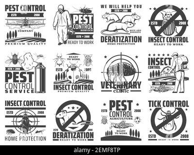 Pest control service, rodents and insects extermination icons. Deratization, insects extermination and agricultural pest control with pesticide dustin Stock Vector