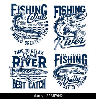 Fishing club, fishes t shirt prints, fisher club vector emblems and water waves icons. River fishing for pike and catfish on rod hooks, fishery sport Stock Vector