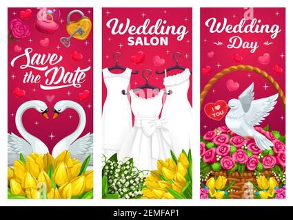 Wedding day, marriage banners with bridal dresses, swans couple and white dove. Tulips, roses and lily of the valley flowers bouquets, key from heart Stock Vector
