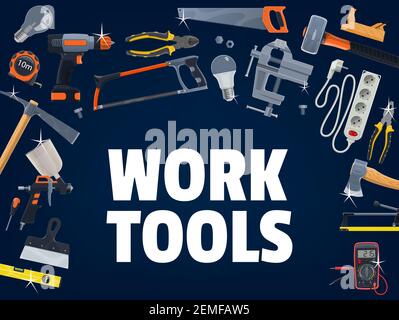 Construction and house repair work tools. Ceramic tile cutter, wood and metal cutting hand saw, electric screwdriver, paint sprayer and ax, sledgehamm Stock Vector