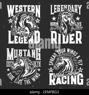 Horse races and polo riding t-shirt prints, equestrian sport club vector grunge icons. Wild horse equine racing and mustang riding, Born to be Free an Stock Vector