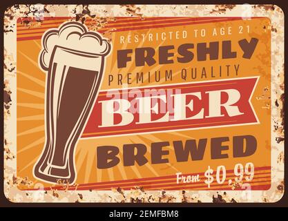 Local brewery beer rusty metal vector plate. Weizen glass with freshly brewed potter or stout beer, foam and vintage typography. Craft brewery, pub or Stock Vector