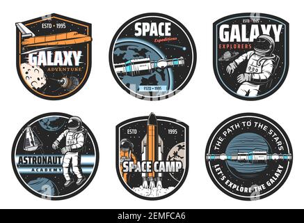 Galaxy explorer, space travel and astronaut academy icons. Shuttle spaceship, space station on Earth orbit and astronaut in weightlessness, launching Stock Vector