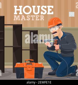 House master using electric drill, construction worker in safety helmet and goggles installing furniture in apartment. House renovation service handym Stock Vector