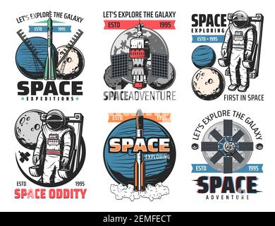 Space exploring, astronauts mission icons. Rocket heavy lift launch vehicle, astronaut on manned maneuvering unit in outer space, launching spaceship, Stock Vector