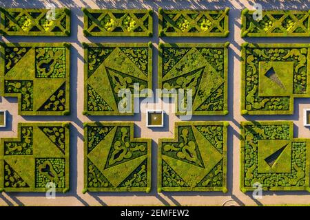 France, Indre et Loire, Loire valley listed as World Heritage by UNESCO, the castle and the gardens of Villandry, the ornamental garden (aerial view) Stock Photo