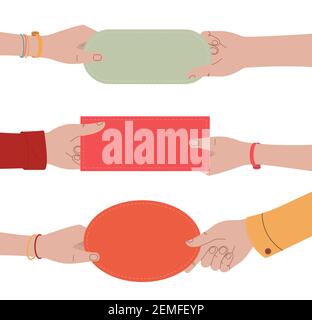 Many different hands hold speech bubbles. Uniting to support a common case, delivering a shared message, promoting an idea. Flat style illustration Stock Vector