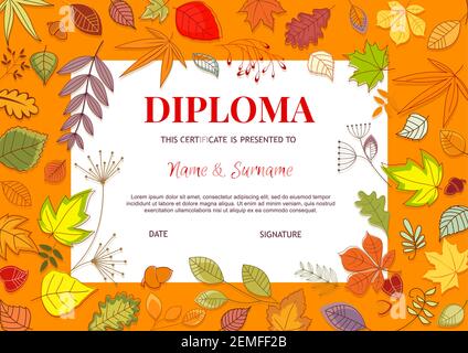 Kids diploma with autumn leaves vector template. educational kindergarten, college or kid school certificate. Child award border design, education dip Stock Vector