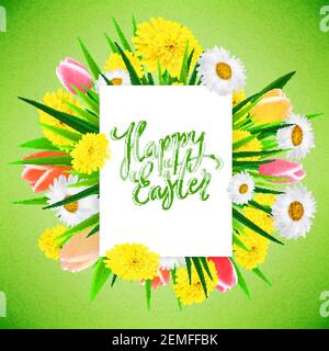 Happy Easter banner background template with beautiful realistic spring flowers. Vector illustration. Stock Vector