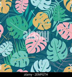 Seamless pattern with monstera palm leaves and plants on blue background, vector illustration. Stock Vector