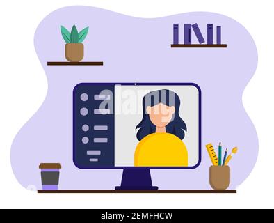 Online studying at home. Distance education. Flat vector illustration isolated on white background.Can be used for web design, banners, promotional ma Stock Vector