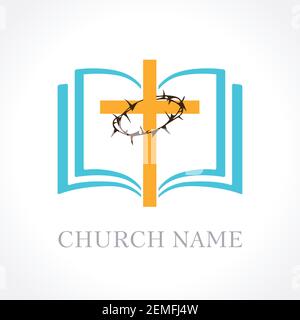 Cross bible church logo. Template logo for the church in the form of a cross and a crown of thorns and open bible Stock Vector