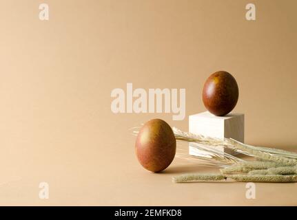 A brown chicken egg stands on a beige background, next to it lies a bouquet of dried flowers. Minimalism, monochrome, concept easter background with c Stock Photo