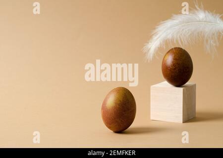 Minimalistic Easter background. A brown chicken egg stands on a beige background, an egg and a feather are out of focus in the background. Copy space Stock Photo