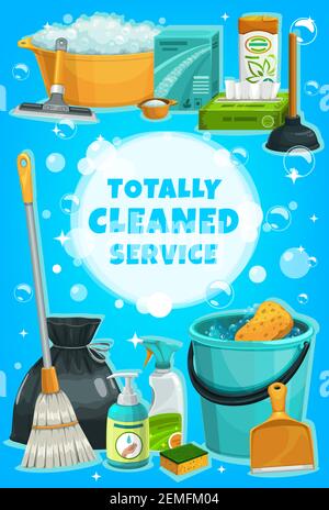 Cleaning service, housework tools and utensils. Vector house cleaning supplies, laundry and home washing detergent package, scraper and broom. Toilet Stock Vector