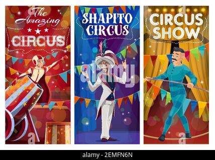 Top tent circus characters banners. Vector cartoon magician, rope walker balancer and man cannonball performing tricks on big top arena. Circus show w Stock Vector