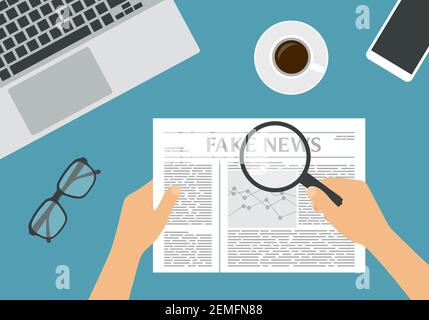 Flat design illustration of male or female hand holding newspaper with financial chart and headline Fake News. Magnifier and glasses with a cup of cof Stock Vector