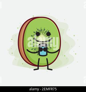 Vector Illustration of Kiwi Fruit Character with cute face, simple hands and leg line art on Isolated Background. Flat cartoon doodle style. Stock Vector