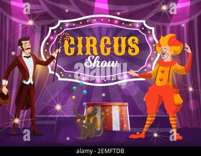 Circus performers on big top tent arena vector poster. Cartoon clown and illusionist with trained monkey juggling balls. Big top circus jester, magici Stock Vector