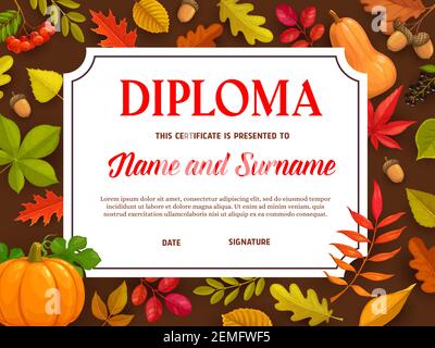 Kids diploma, educational school or kindergarten certificate with autumn leaves and ripe pumpkins vector template. Child award border, education diplo Stock Vector