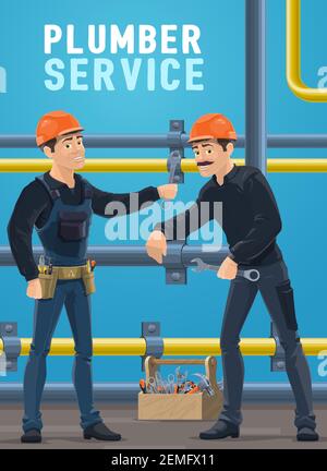 Plumbers repairing pipeline. House construction workers installing, maintaining water supply system pipes. Plumbing service technicians in overalls an Stock Vector