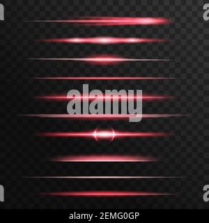 Red light flashes, glow vector lines. Glowing illumination of sun or starlight beams, bursts and sparkles. Isolated horizontal linear rays, shiny expl Stock Vector