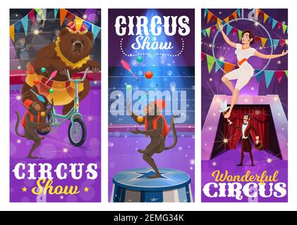 Circus performers vector banners with bear on bike, juggling monkeys, air gymnast and illusionist performing magical trick with dove and hat on big to Stock Vector