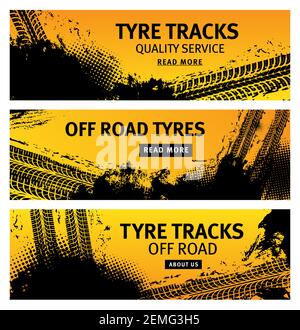 Tyre tracks, off road tire prints, grunge vector car treads with black dotted spots and marks. Rally, motocross bike protectors, vehicle, transportati Stock Vector