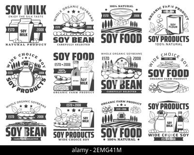 Natural soybean food products retro icons set. Soy milk box, sack of flour and oil bottle, sauce, tofu skin and cheese, tempeh piece engraved vector. Stock Vector