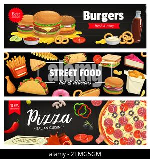 Fast food vector banners cheeseburger, hamburger and french fries with sandwich. Nuggets, tornado potato and tacos. Cola, pizza with sausages, tomato Stock Vector