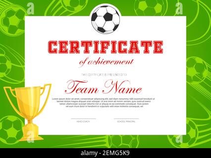 Certificate of achievement in soccer game. Football player diploma vector template with ball and golden goblet. Sports team award border design, diplo Stock Vector