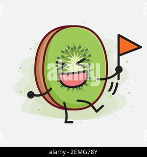 Vector Illustration of Kiwi Fruit Character with cute face, simple hands and leg line art on Isolated Background. Flat cartoon doodle style. Stock Vector