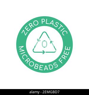 Zero plastic microbeads free icon. Recycle triangle and number zero in a green circle. Plastic free label. No microplastics. Eco friendly. Vector Stock Vector