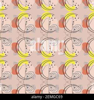 Seamless pattern with single line drawing of woman portrait with moon and stars with abstract geometric neutral shapes Stock Vector