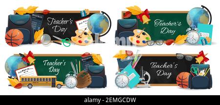 Teachers day education blackboards with typography isolated vector banners set. Green and black chalkboards with school bus, learning stuff, student b Stock Vector