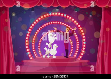 Shapito circus poster, cartoon dog trainer on big top stage. Vector ...