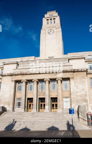 Leeds – 31 July 2017 : The Parkinson Building’s art deco clock tower has featured on University of Leeds logo since 2006 Stock Photo