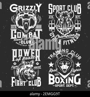 Tshirt prints with wild bear and boar, vector mascots for sport and fighting club. Apparel uniform design with wild predators. T shirt activewear temp Stock Vector