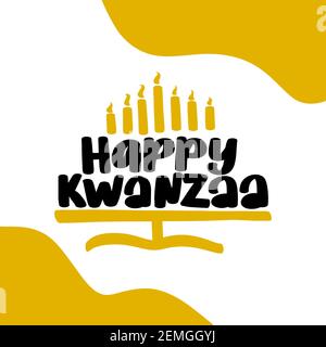 Happy Kwanzaa hand lettering with candles on white. African American holiday. Stock Vector