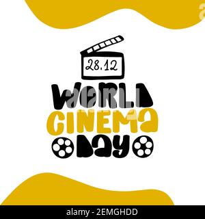 World Cinema Day December 28 illustration neon sing, label and logo Stock Vector