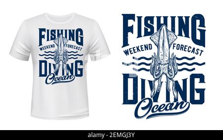 Ocean fishing and diving t-shirt vector print with squid. Giant squid, deep-sea monster or kraken beast with tentacles engraved illustration and typog Stock Vector