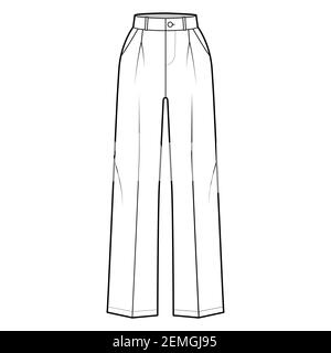 Pants tailored technical fashion illustration with extended normal waist, rise, full length, slant, flap pockets, single pleat, belt loops. Flat template front, white color. Women men CAD mockup Stock Vector