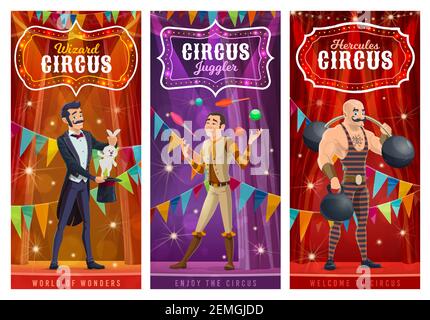 Circus performers vector banners. Big top artists illusionist, juggler and strongman cartoon characters on big top tent arena with show performance. W Stock Vector