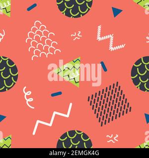 Memphis geometric shapes vector abstract seamless pattern background. Retro color waffle squares, triangles, circles, zig zag wavy lines on coral pink Stock Vector