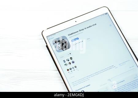 KHARKOV, UKRAINE - FEBRUARY 14, 2021: Clubhouse app in app store market on ipad display screen. Clubhouse is invitation only audio chat iPhone app lau Stock Photo