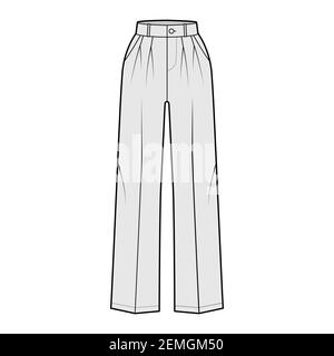 Pants tailored technical fashion illustration with extended normal waist, rise, full length, slant, flap pockets, double pleat, belt loops. Flat template front, grey color. Women men CAD mockup Stock Vector