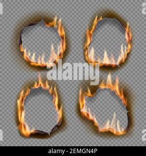 Burning holes, vector burn paper fire with realistic charred edges isolated objects. 3d flame on sheet. Burned abstract holes in fire flames, torn bor Stock Vector