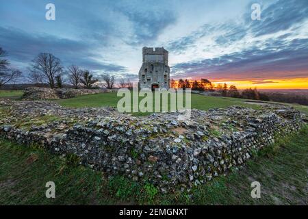 Donnington Castle with ruined flintstone walls at sunrise, Newbury, Berkshire, England, United Kingdom, Europe Stock Photo