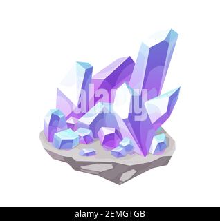 Magic crystal, lilac gem stone vector icon. Mineral violet rock, isolated crystalline gemstone chrysoberyl, alexandrite or quartz. Jewelry precious mi Stock Vector