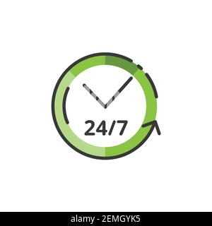 Clock. 24 7 Assistance service. Filled color icon. Isolated commerce vector illustration Stock Vector
